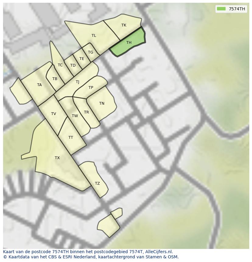 Afbeelding van het postcodegebied 7574 TH op de kaart.