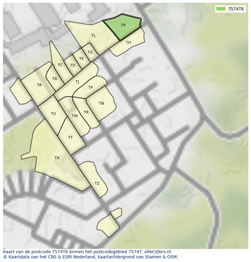 Afbeelding van het postcodegebied 7574 TK op de kaart.