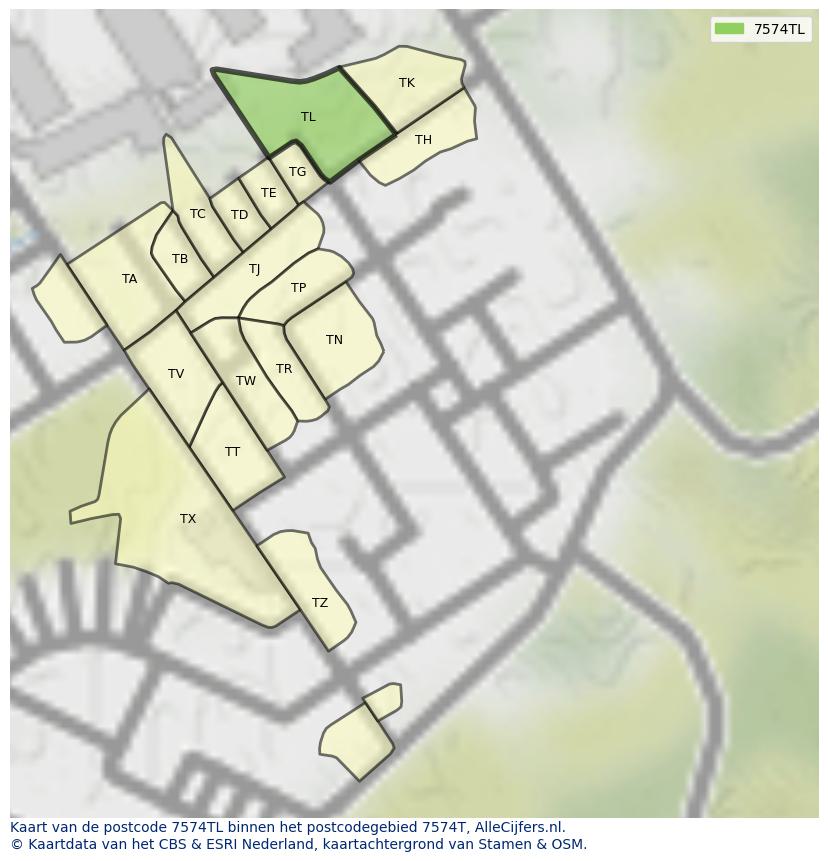 Afbeelding van het postcodegebied 7574 TL op de kaart.