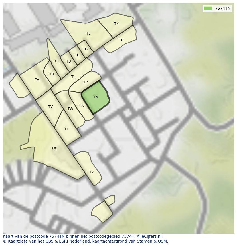 Afbeelding van het postcodegebied 7574 TN op de kaart.