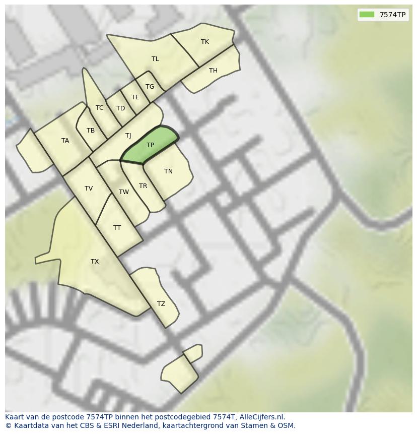 Afbeelding van het postcodegebied 7574 TP op de kaart.