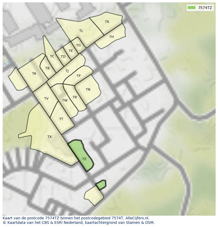 Afbeelding van het postcodegebied 7574 TZ op de kaart.