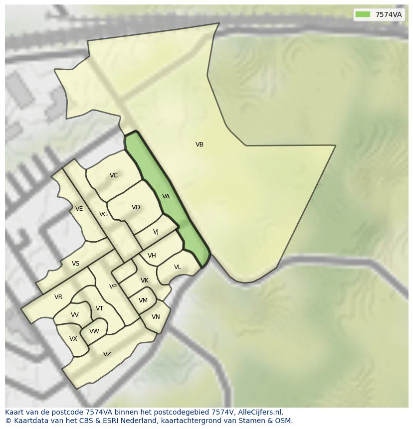 Afbeelding van het postcodegebied 7574 VA op de kaart.