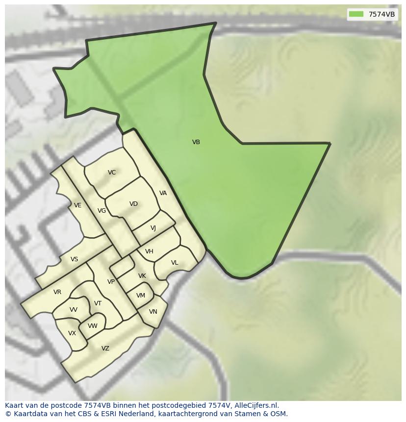 Afbeelding van het postcodegebied 7574 VB op de kaart.