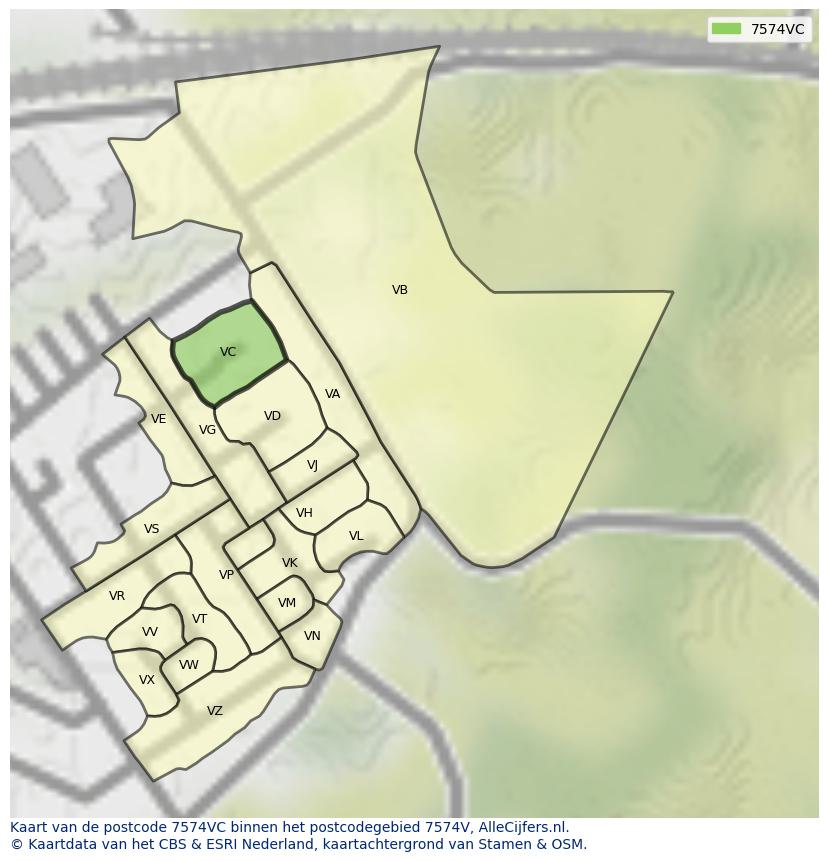 Afbeelding van het postcodegebied 7574 VC op de kaart.