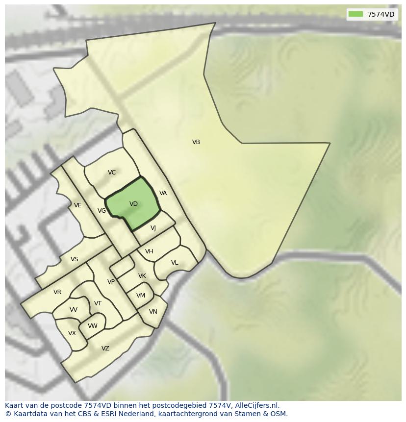 Afbeelding van het postcodegebied 7574 VD op de kaart.