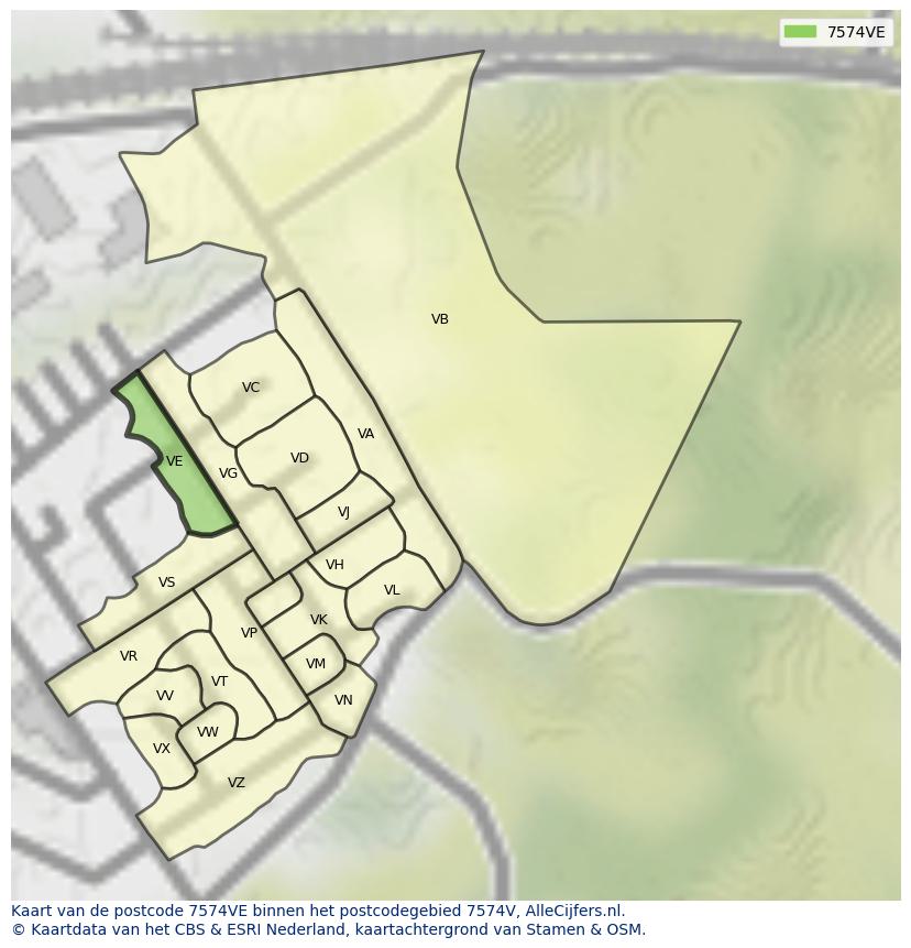 Afbeelding van het postcodegebied 7574 VE op de kaart.