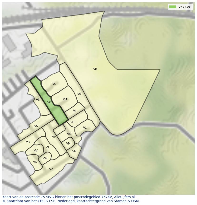 Afbeelding van het postcodegebied 7574 VG op de kaart.