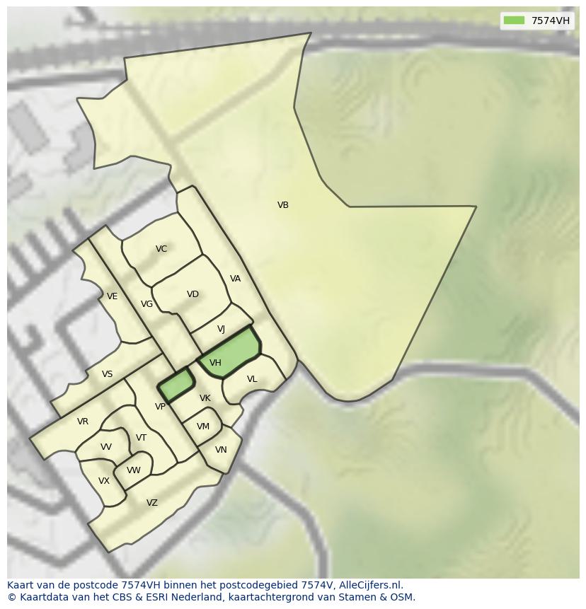 Afbeelding van het postcodegebied 7574 VH op de kaart.