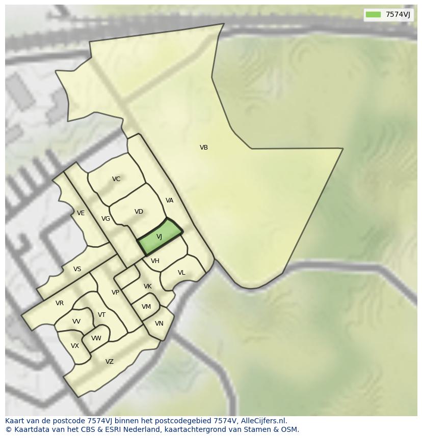 Afbeelding van het postcodegebied 7574 VJ op de kaart.