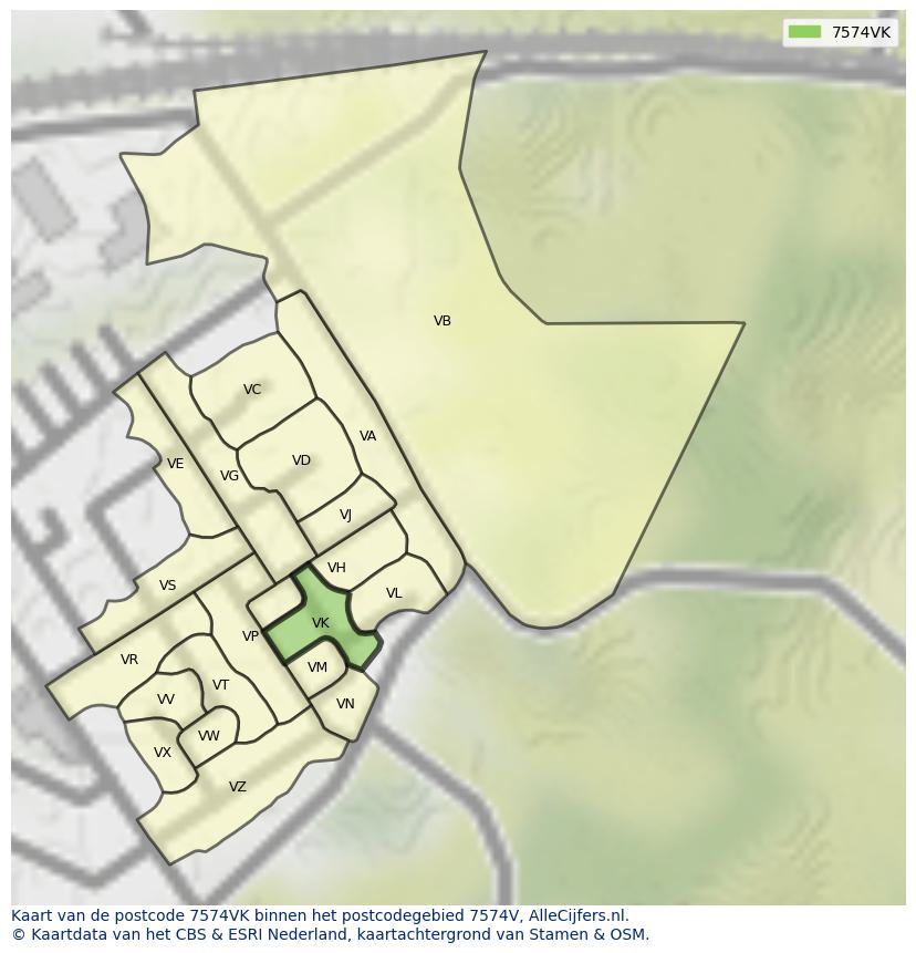 Afbeelding van het postcodegebied 7574 VK op de kaart.
