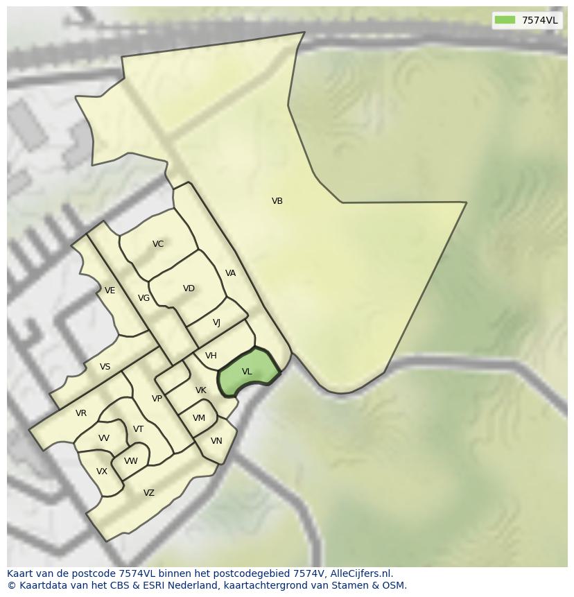 Afbeelding van het postcodegebied 7574 VL op de kaart.