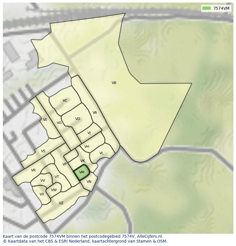 Afbeelding van het postcodegebied 7574 VM op de kaart.