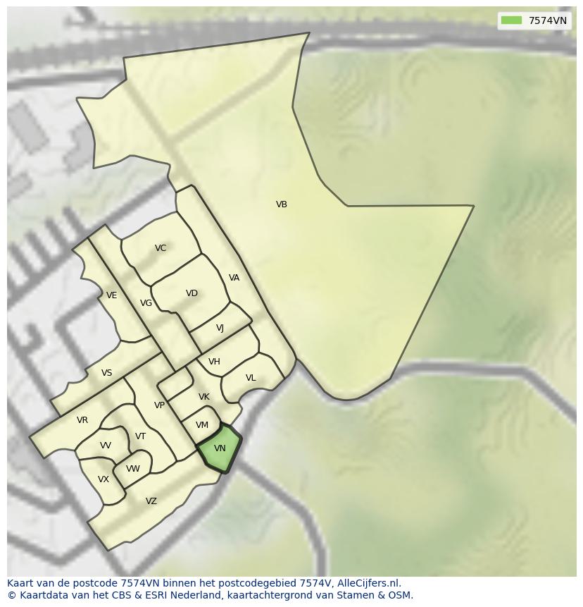 Afbeelding van het postcodegebied 7574 VN op de kaart.