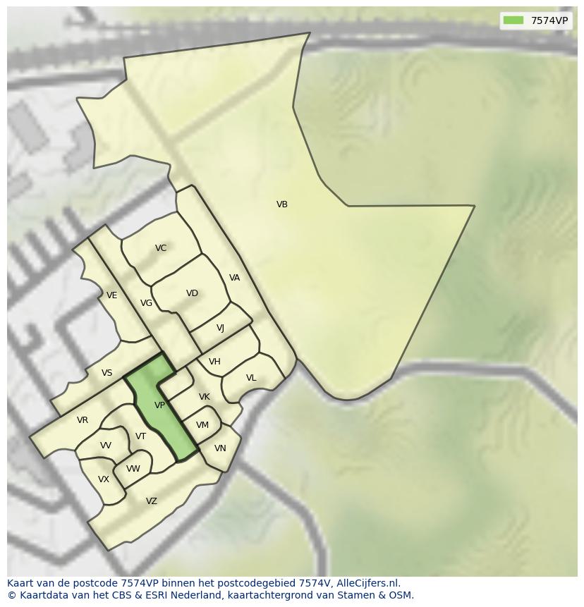 Afbeelding van het postcodegebied 7574 VP op de kaart.
