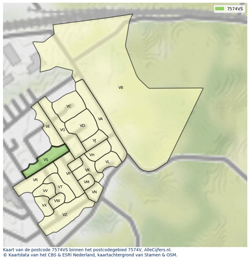 Afbeelding van het postcodegebied 7574 VS op de kaart.