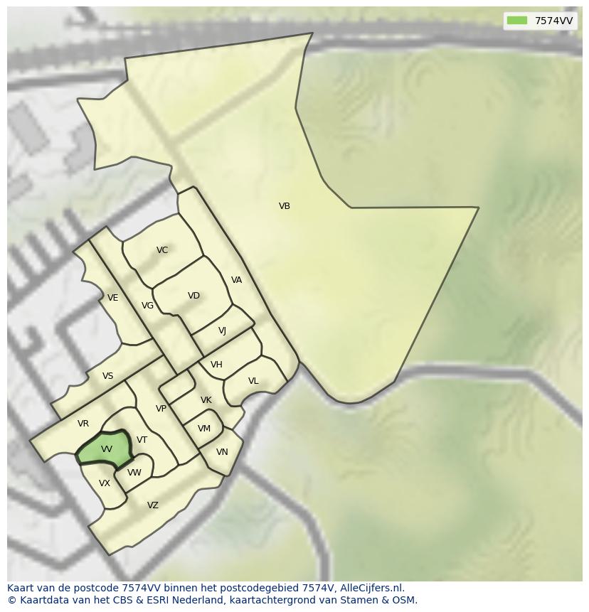 Afbeelding van het postcodegebied 7574 VV op de kaart.