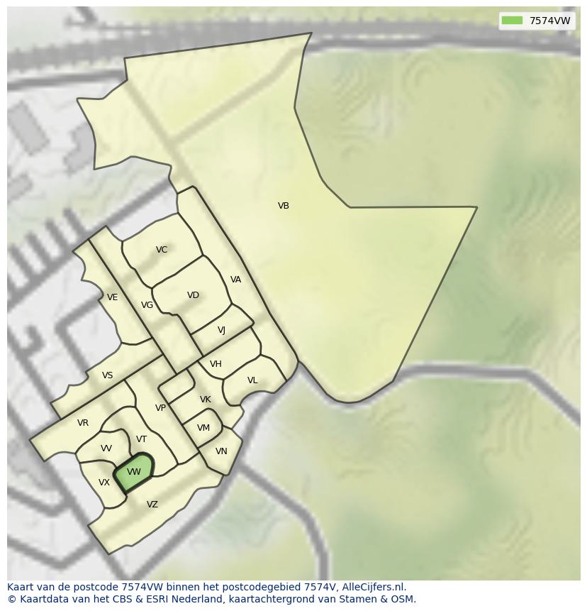 Afbeelding van het postcodegebied 7574 VW op de kaart.