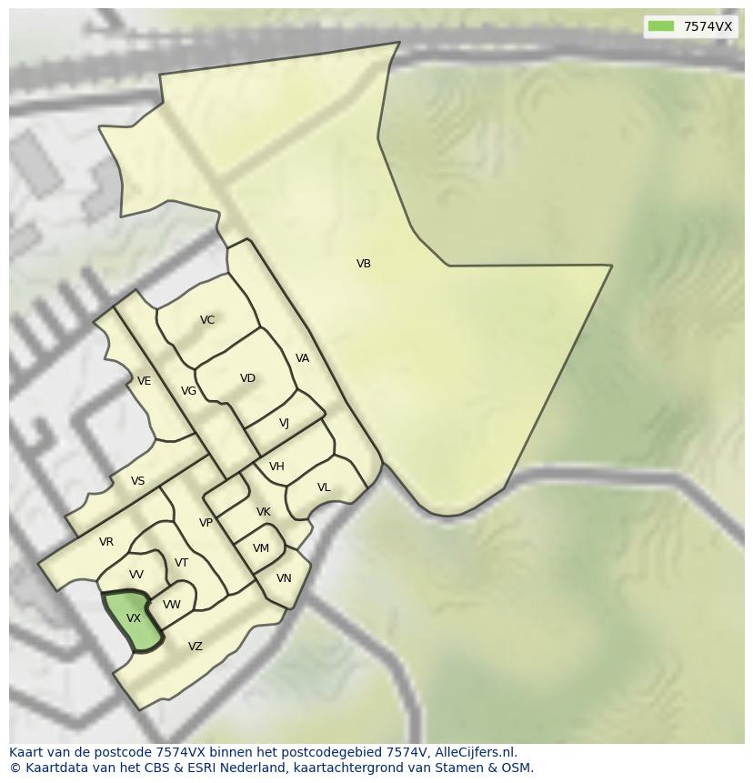 Afbeelding van het postcodegebied 7574 VX op de kaart.