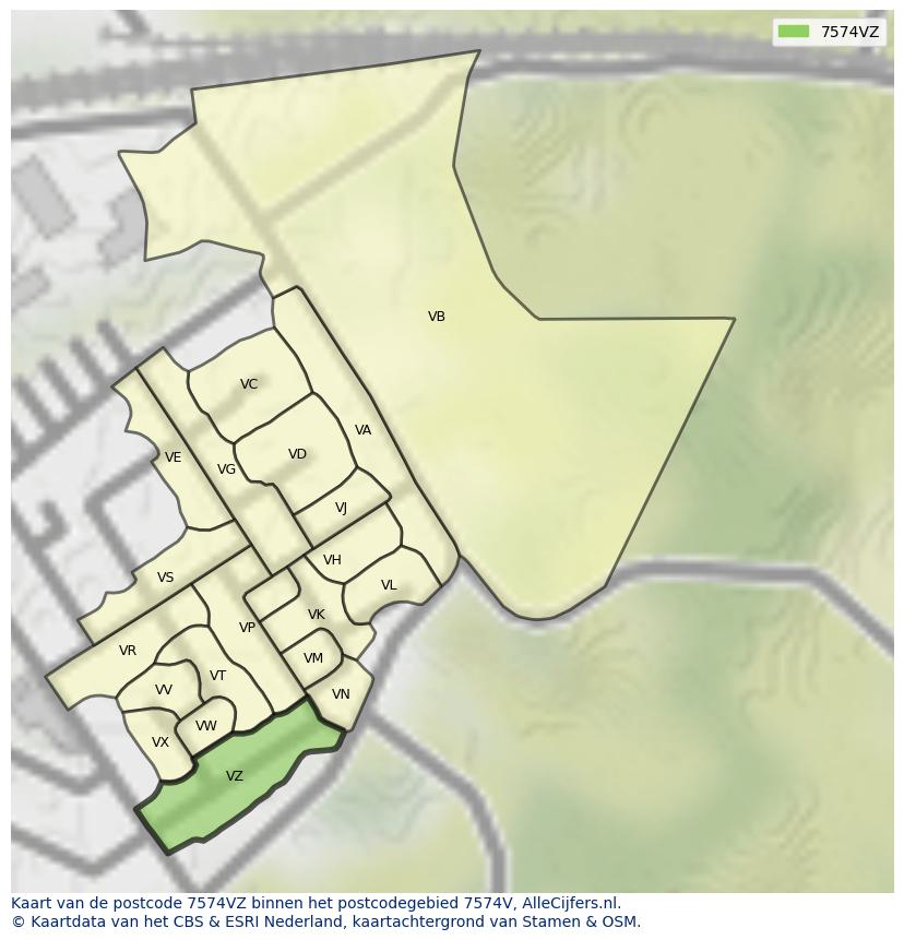 Afbeelding van het postcodegebied 7574 VZ op de kaart.