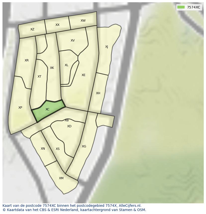 Afbeelding van het postcodegebied 7574 XC op de kaart.