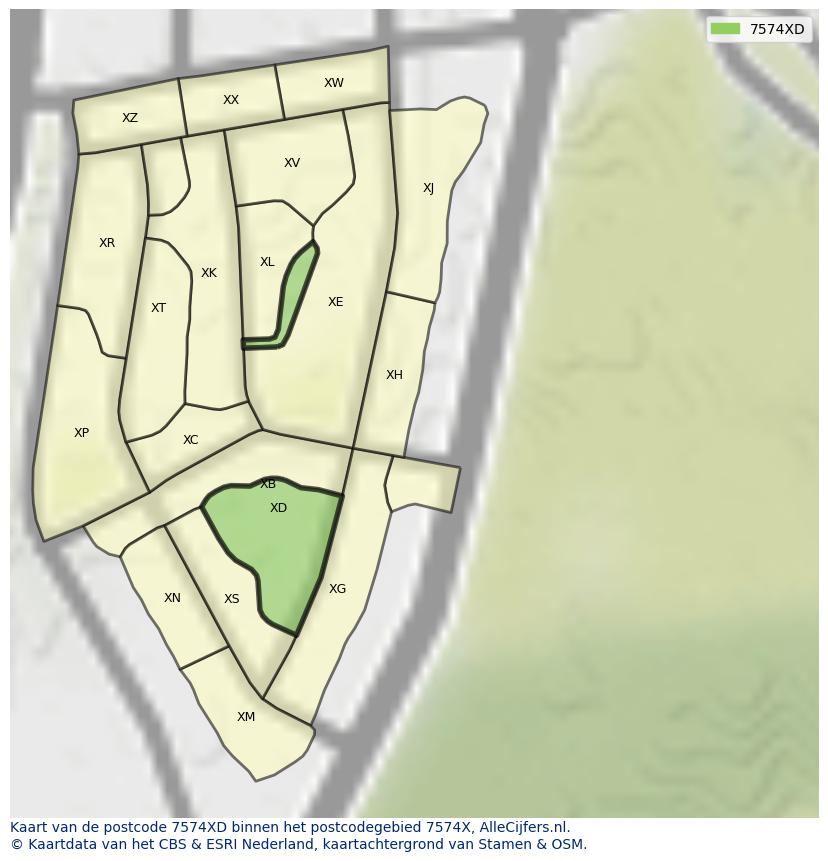 Afbeelding van het postcodegebied 7574 XD op de kaart.