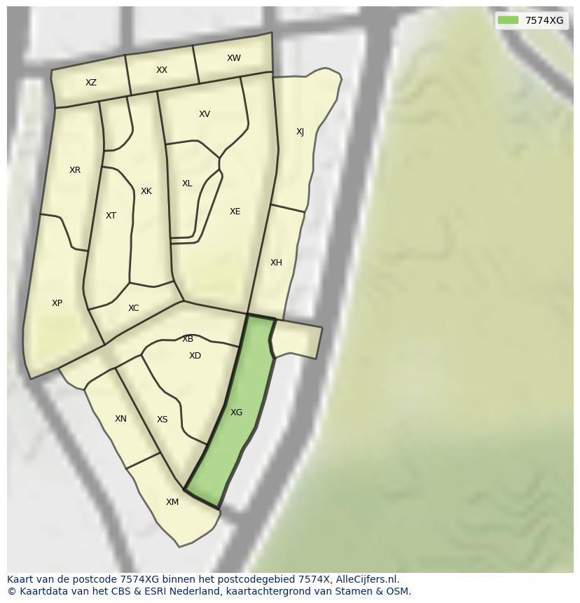 Afbeelding van het postcodegebied 7574 XG op de kaart.