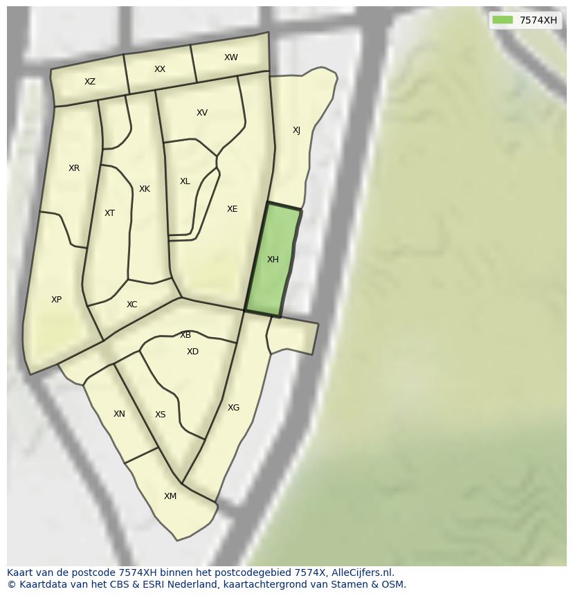 Afbeelding van het postcodegebied 7574 XH op de kaart.