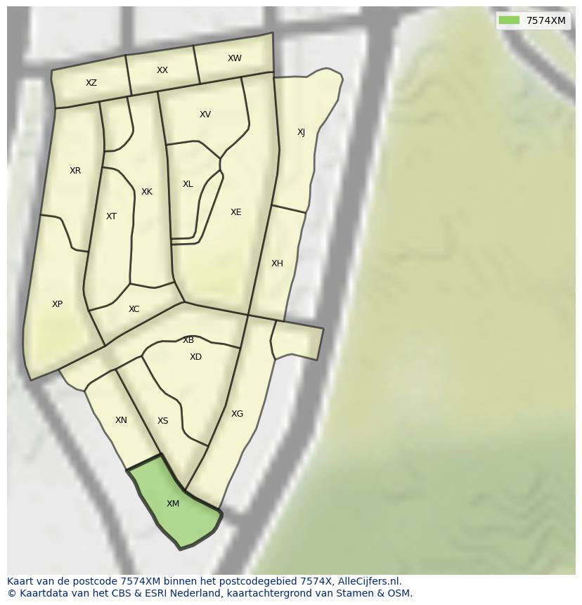 Afbeelding van het postcodegebied 7574 XM op de kaart.