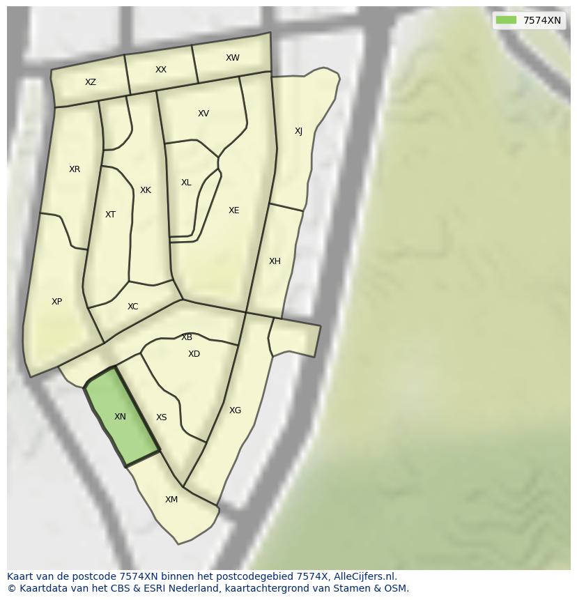 Afbeelding van het postcodegebied 7574 XN op de kaart.