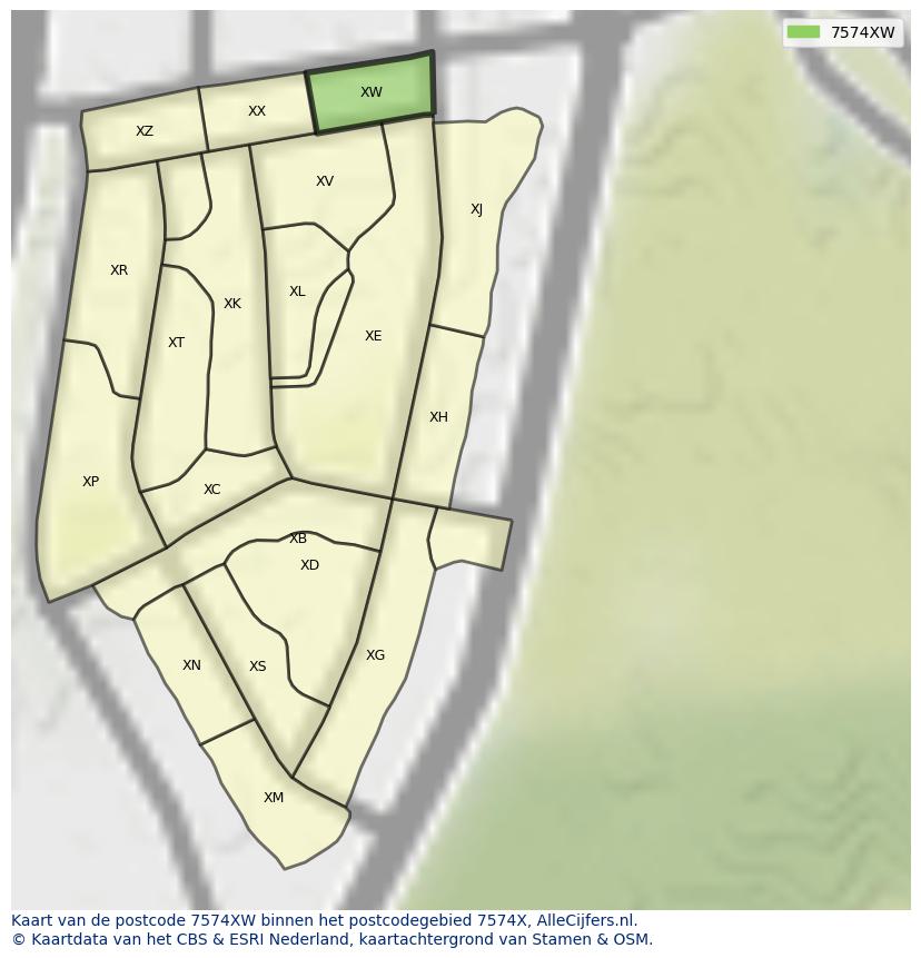 Afbeelding van het postcodegebied 7574 XW op de kaart.