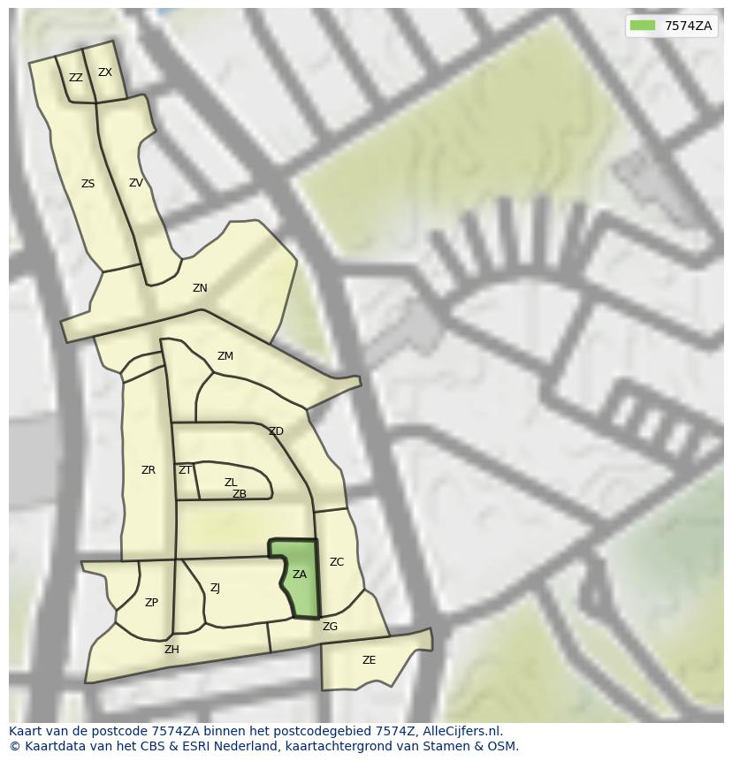 Afbeelding van het postcodegebied 7574 ZA op de kaart.