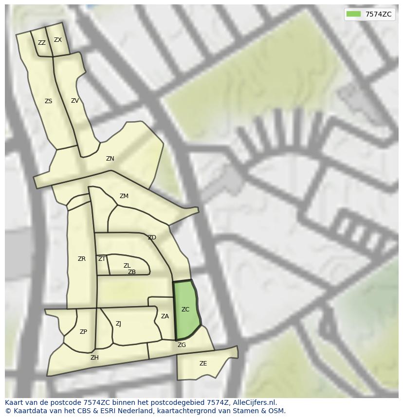 Afbeelding van het postcodegebied 7574 ZC op de kaart.