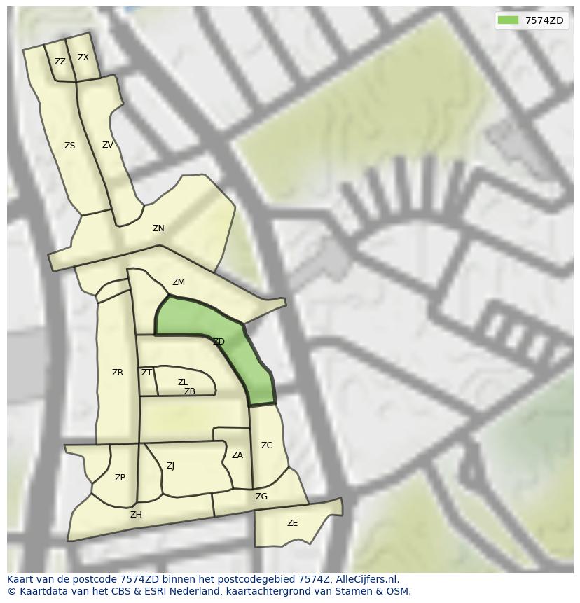 Afbeelding van het postcodegebied 7574 ZD op de kaart.