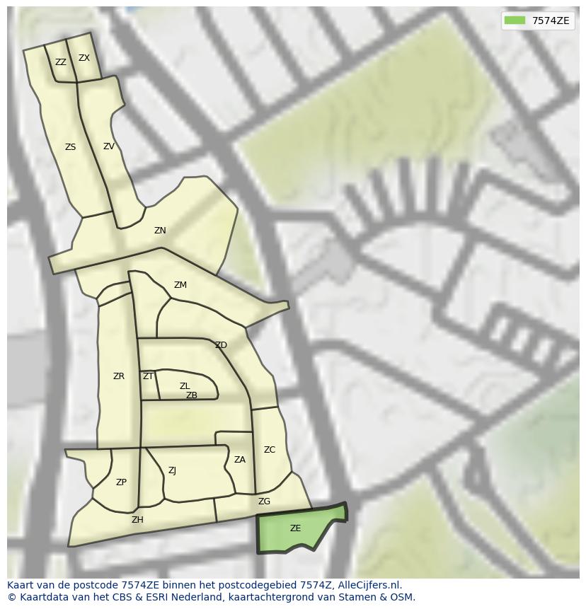 Afbeelding van het postcodegebied 7574 ZE op de kaart.