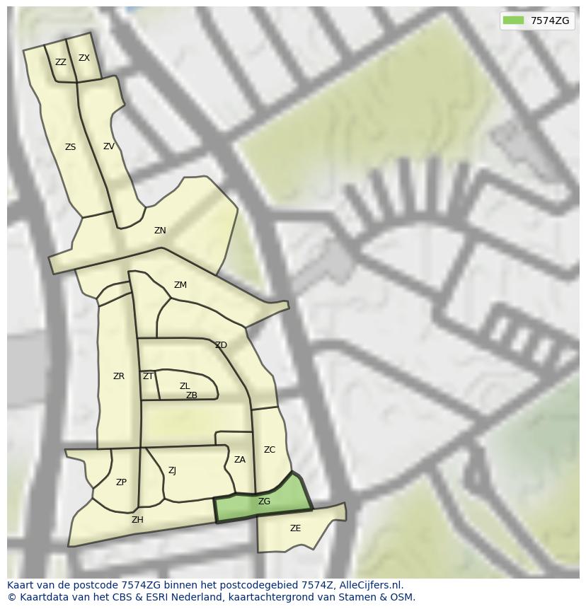 Afbeelding van het postcodegebied 7574 ZG op de kaart.