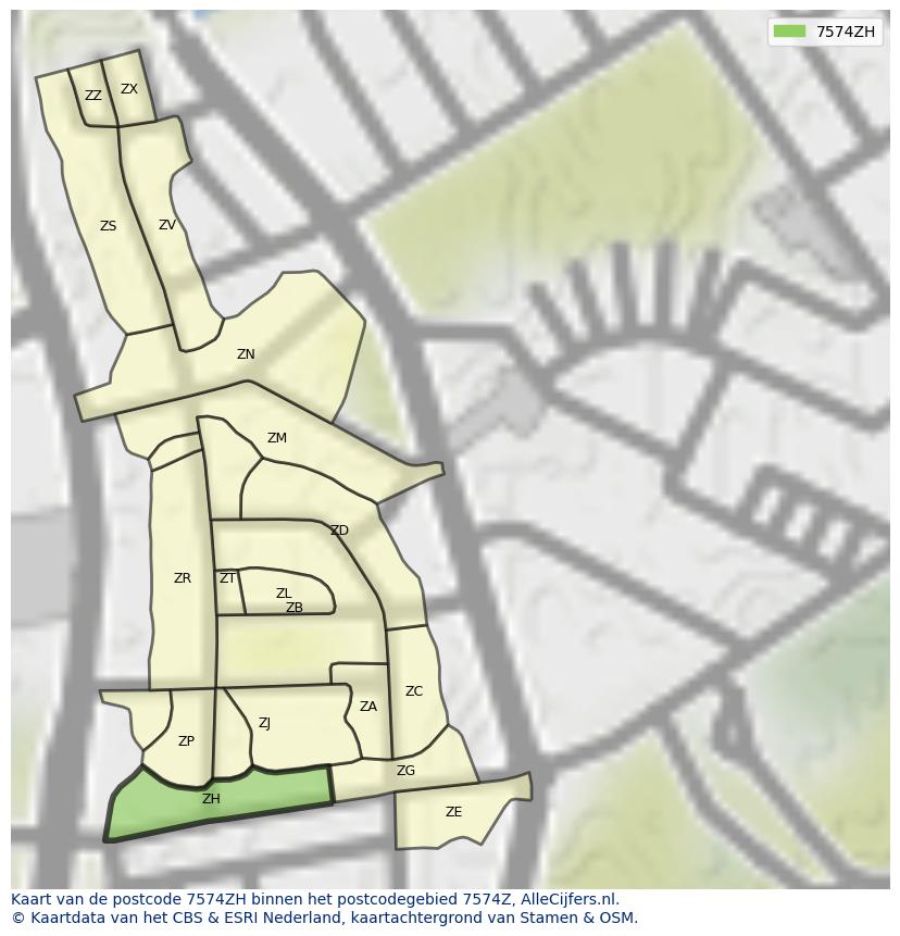 Afbeelding van het postcodegebied 7574 ZH op de kaart.