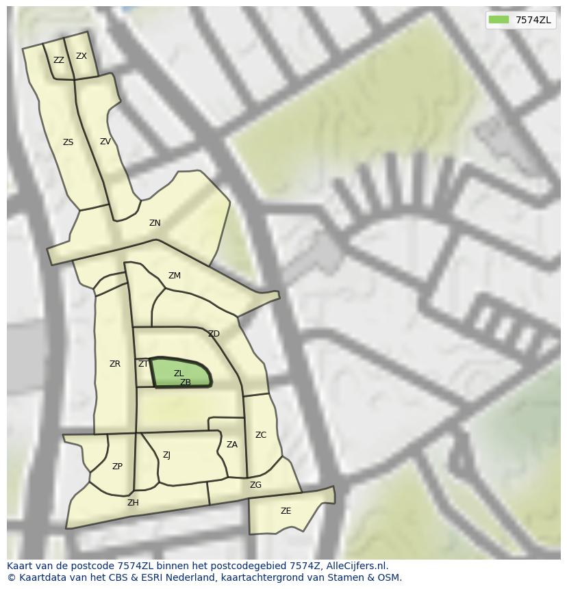 Afbeelding van het postcodegebied 7574 ZL op de kaart.