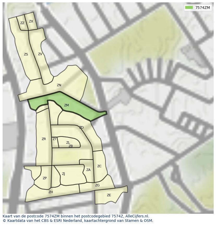 Afbeelding van het postcodegebied 7574 ZM op de kaart.