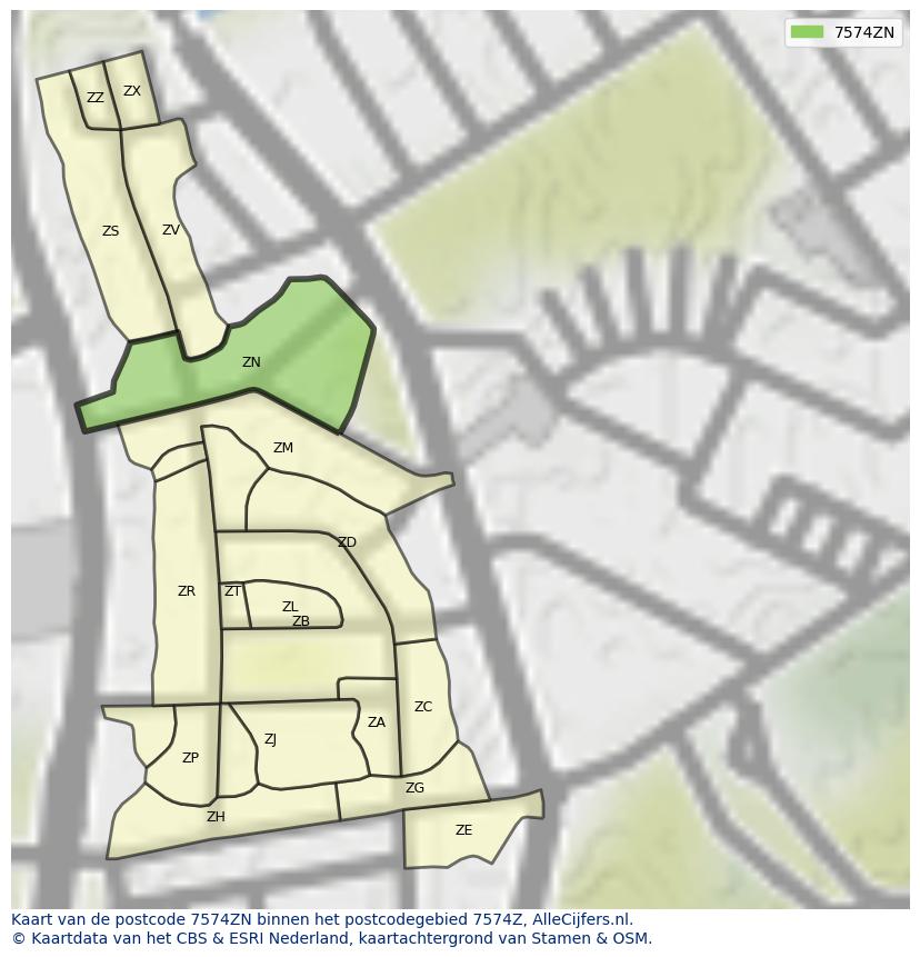 Afbeelding van het postcodegebied 7574 ZN op de kaart.
