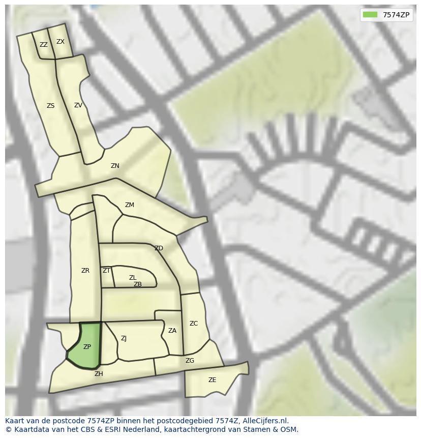 Afbeelding van het postcodegebied 7574 ZP op de kaart.