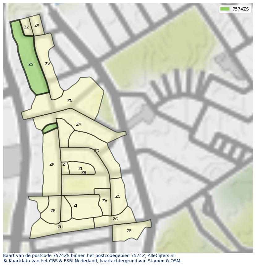 Afbeelding van het postcodegebied 7574 ZS op de kaart.