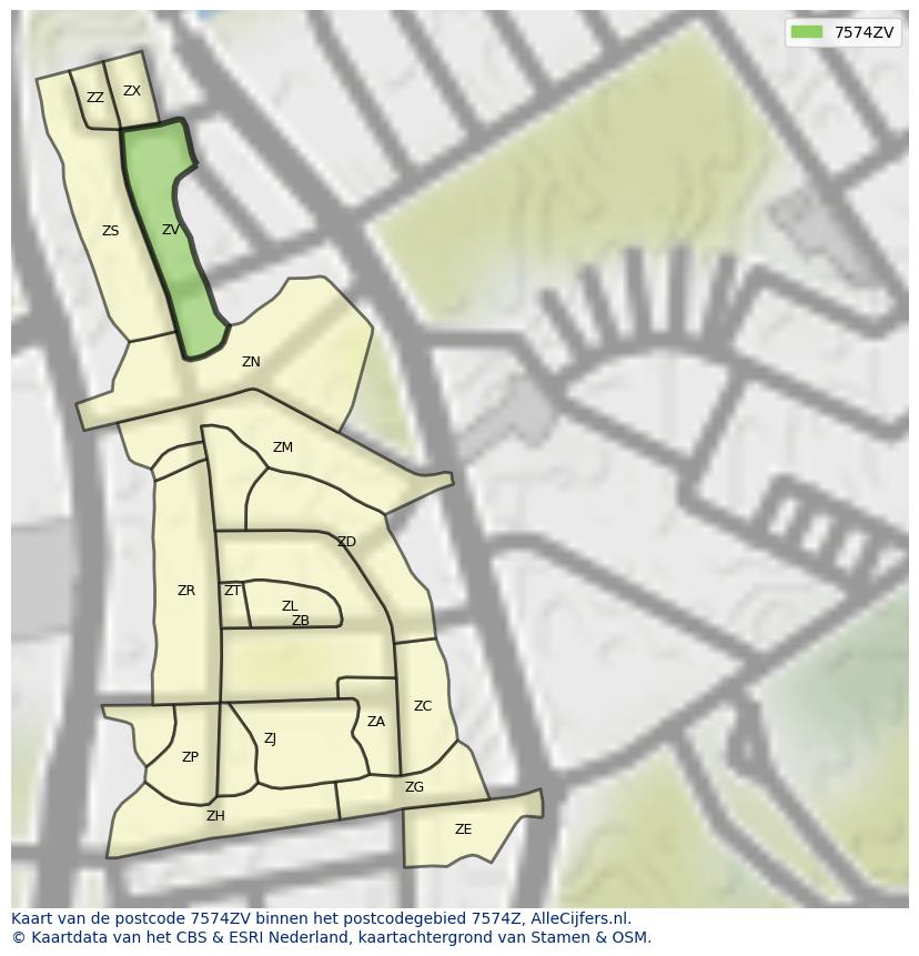 Afbeelding van het postcodegebied 7574 ZV op de kaart.