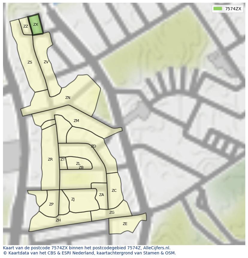 Afbeelding van het postcodegebied 7574 ZX op de kaart.