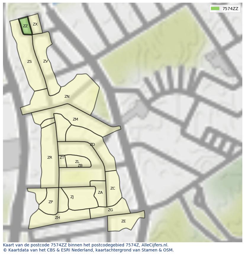 Afbeelding van het postcodegebied 7574 ZZ op de kaart.