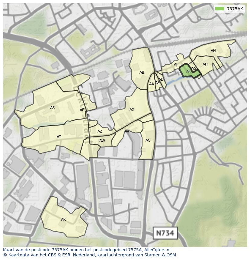 Afbeelding van het postcodegebied 7575 AK op de kaart.