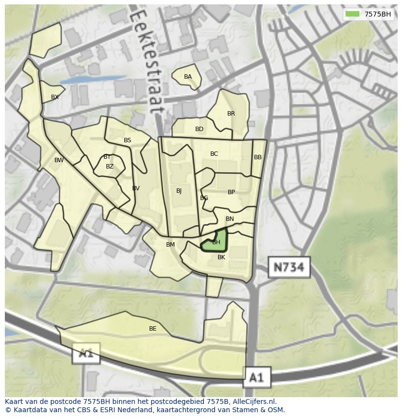 Afbeelding van het postcodegebied 7575 BH op de kaart.
