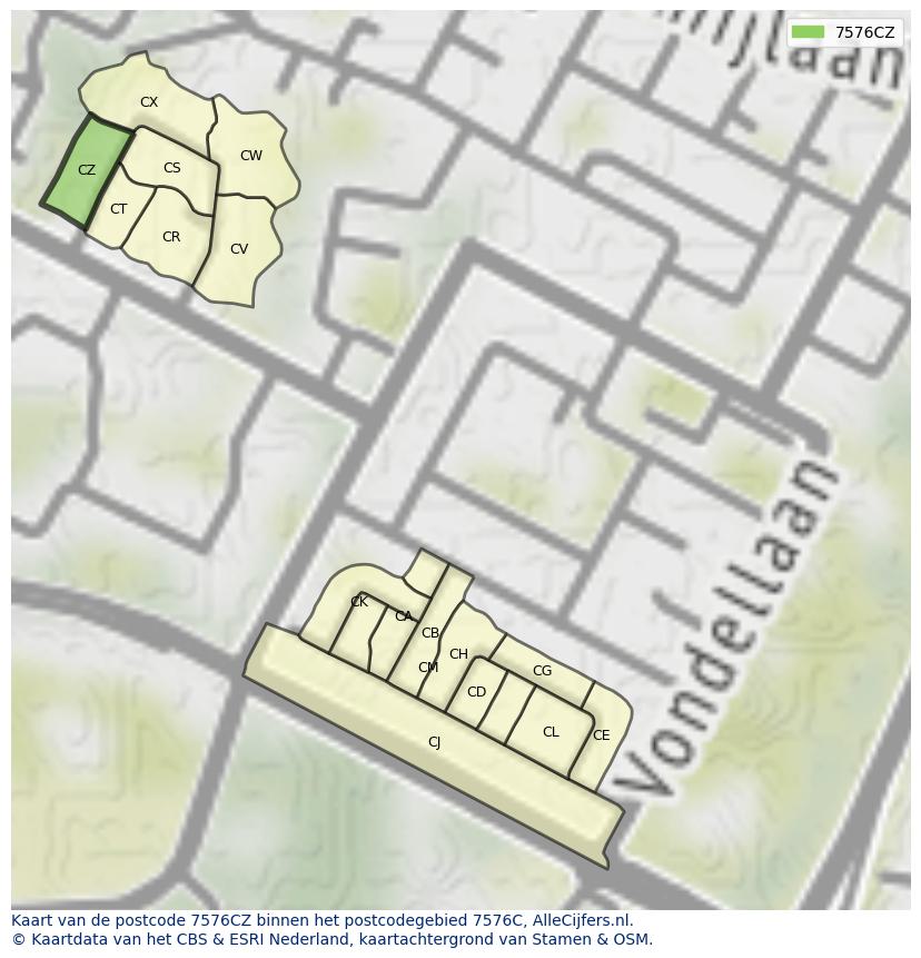 Afbeelding van het postcodegebied 7576 CZ op de kaart.