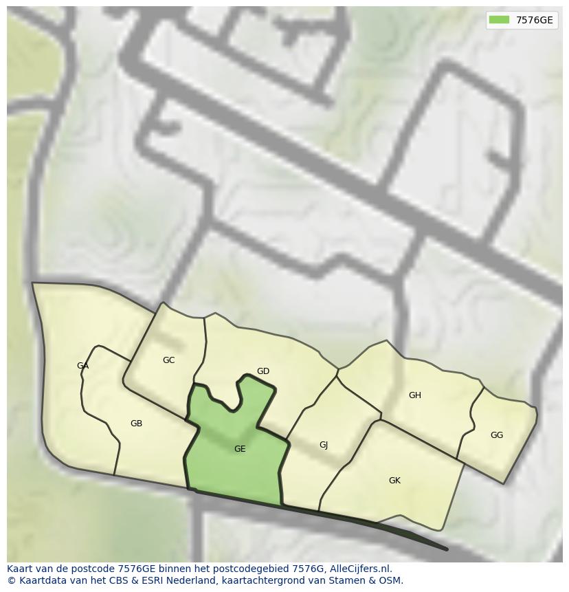 Afbeelding van het postcodegebied 7576 GE op de kaart.