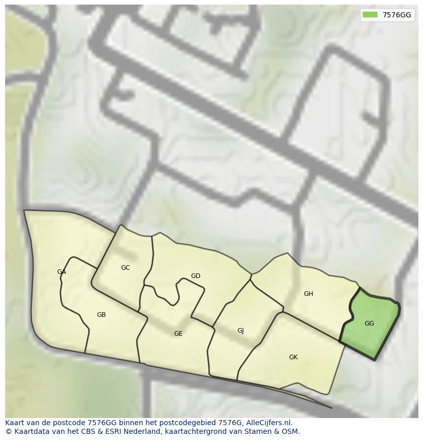 Afbeelding van het postcodegebied 7576 GG op de kaart.